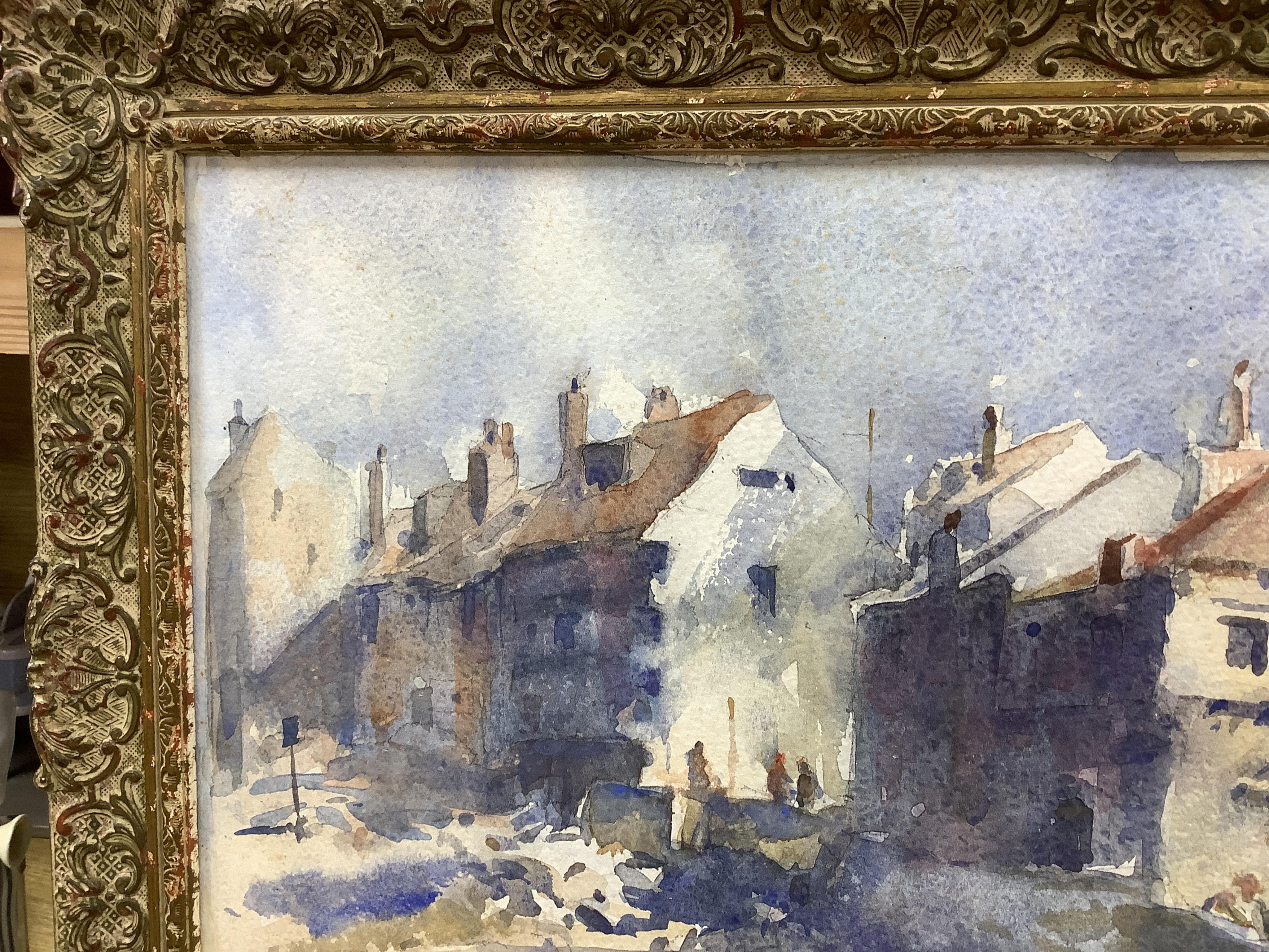 Follower of Edward Brian Seago RWS RBA (British, 1910-1974), watercolour on board, town scene, bears signature, 34x44cm. Condition - good